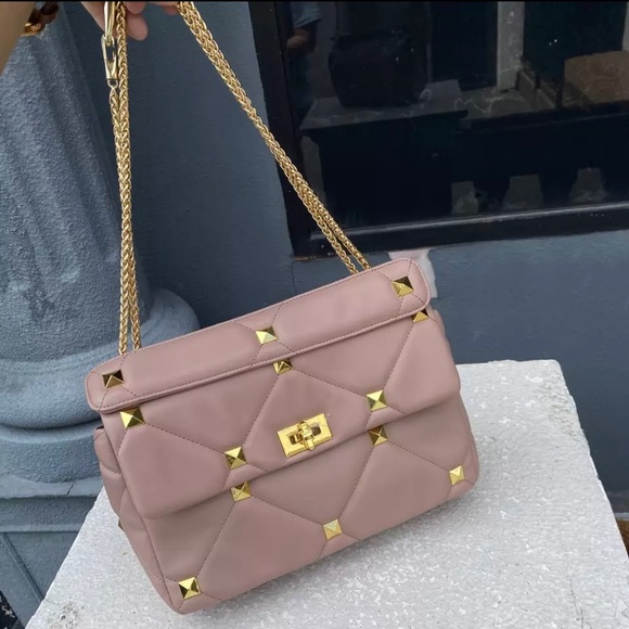 Handbags - Elegant Quilted Pink Shoulder Bag with Gold Hardware
